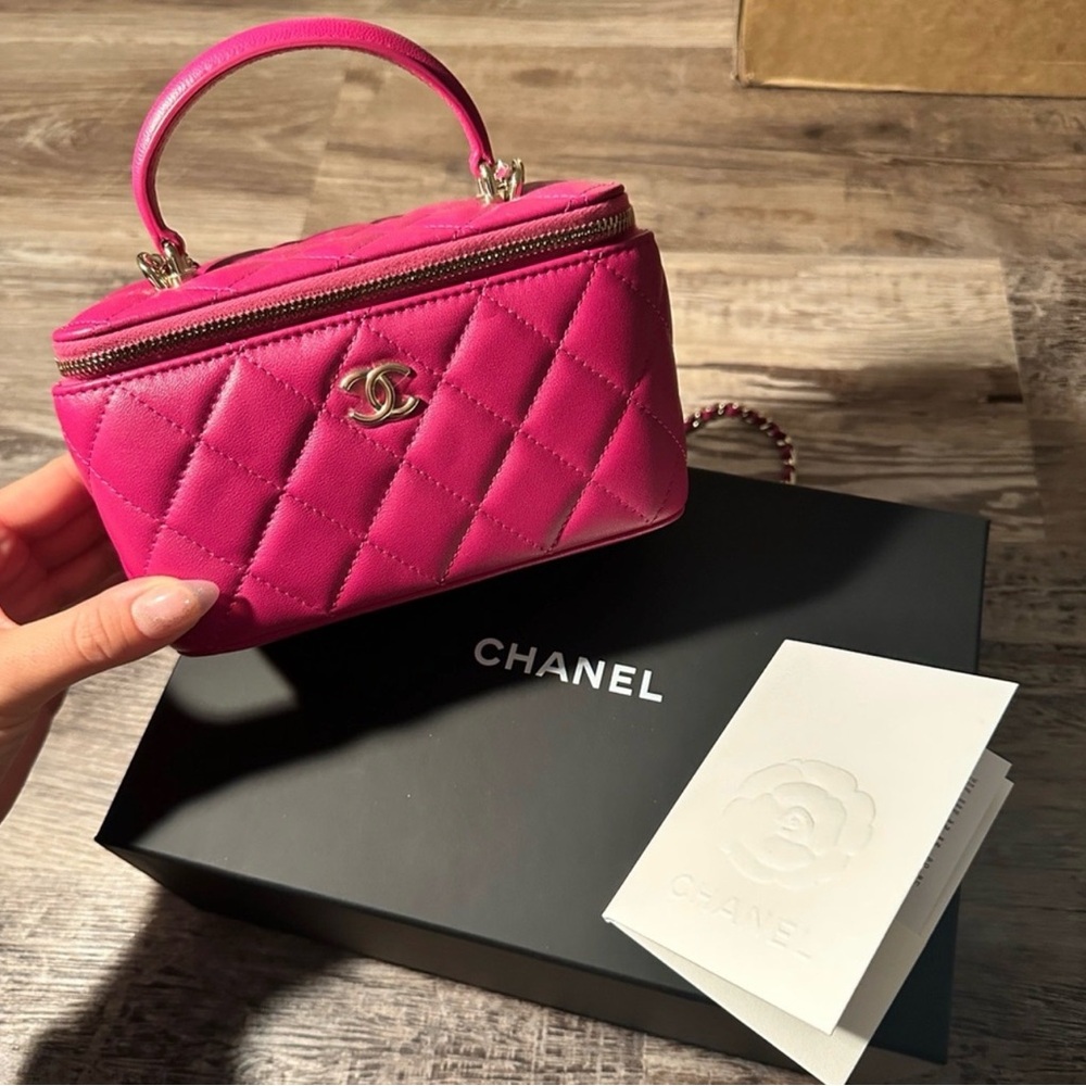 Chanel Lambskin Quilted Small Top Handle Vanity Case Fuschia Pink